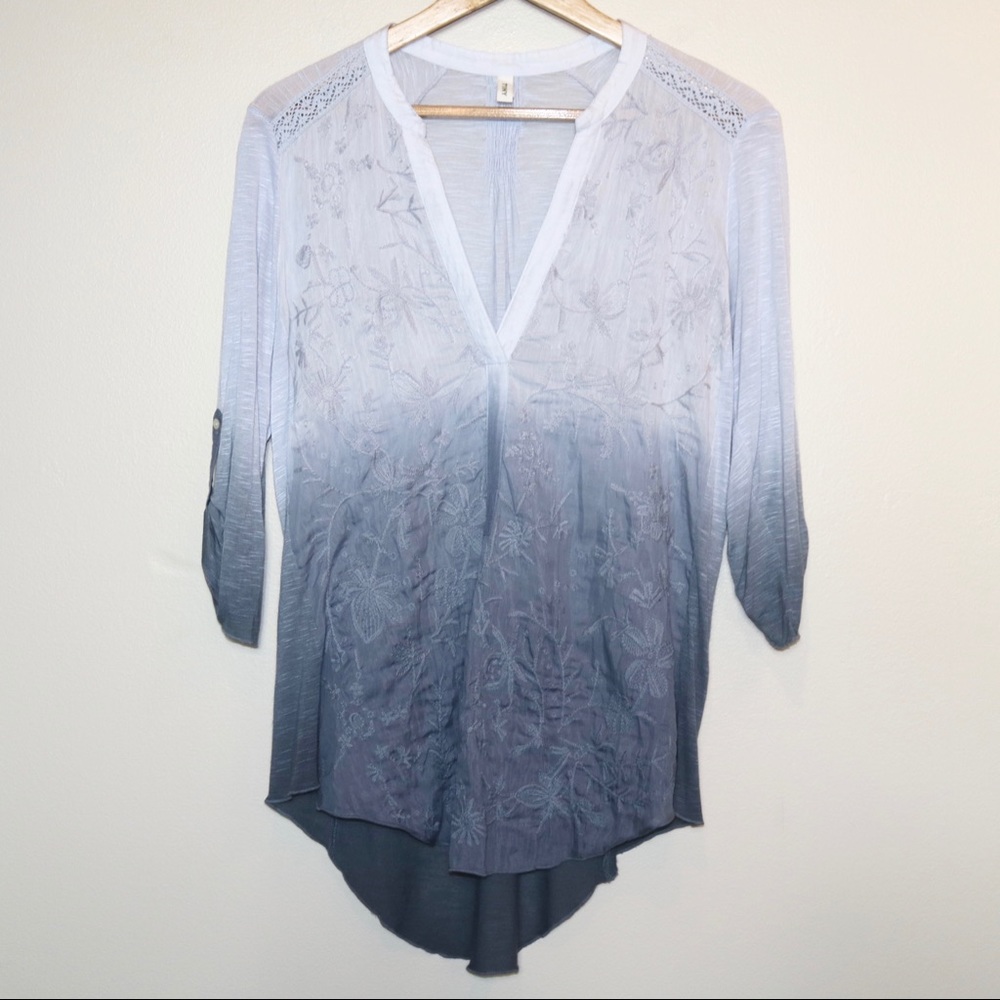 Anthropologie Tiny Gray Blue Ombré Embroidered Top